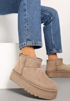 Ciemnobeżowe Śniegowce z Imitacji Zamszu na Platformie z Niską Cholewką Reanirae