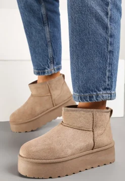 Ciemnobeżowe Śniegowce z Imitacji Zamszu na Platformie z Niską Cholewką Reanirae