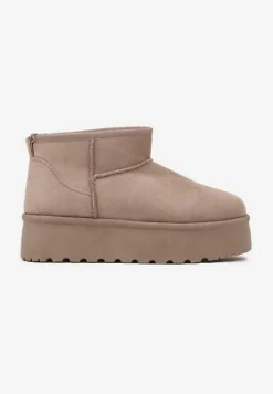 Ciemnobeżowe Śniegowce z Imitacji Zamszu na Platformie z Niską Cholewką Reanirae