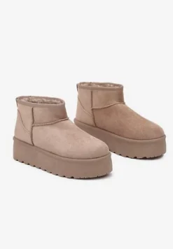 Ciemnobeżowe Śniegowce z Imitacji Zamszu na Platformie z Niską Cholewką Reanirae