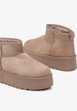 Ciemnobeżowe Śniegowce z Imitacji Zamszu na Platformie z Niską Cholewką Reanirae