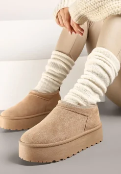 Ciemnobeżowe Śniegowce z Krótką Cholewką na Grubej Podeszwie Werilie