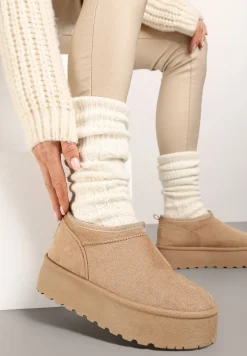 Ciemnobeżowe Śniegowce z Krótką Cholewką na Grubej Podeszwie Werilie