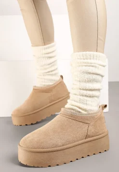 Ciemnobeżowe Śniegowce z Krótką Cholewką na Grubej Podeszwie Werilie