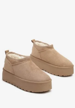 Ciemnobeżowe Śniegowce z Krótką Cholewką na Grubej Podeszwie Werilie