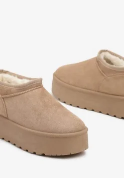 Ciemnobeżowe Śniegowce z Krótką Cholewką na Grubej Podeszwie Werilie