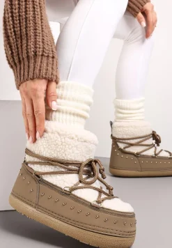 Ciemnobeżowe Śniegowce z Ozdobnym Sznurowaniem Ćwiekami i Futerkiem Covesa