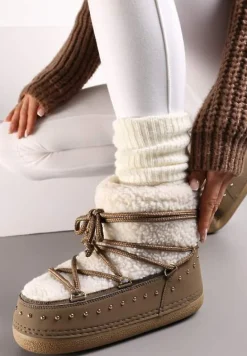 Ciemnobeżowe Śniegowce z Ozdobnym Sznurowaniem Ćwiekami i Futerkiem Covesa