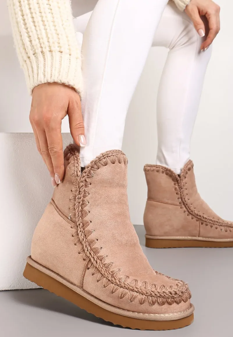 Ciemnobeżowe Śniegowce za Kostkę na Ukrytej Koturnie Ananielle