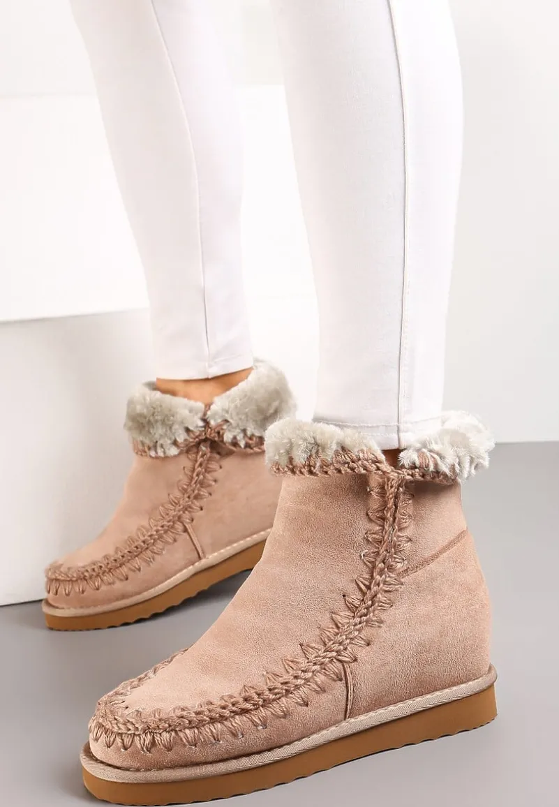 Ciemnobeżowe Śniegowce za Kostkę na Ukrytej Koturnie Ananielle