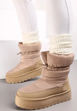 Ciemnobeżowe Śniegowce ze Ściągaczem na Grubej Podeszwie Lunne