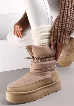 Ciemnobeżowe Śniegowce ze Ściągaczem na Grubej Podeszwie Lunne