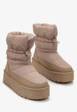 Ciemnobeżowe Śniegowce ze Ściągaczem na Grubej Podeszwie Lunne