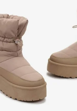 Ciemnobeżowe Śniegowce ze Ściągaczem na Grubej Podeszwie Lunne