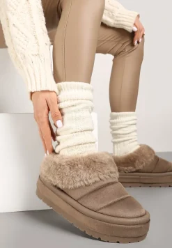 Ciemnobeżowe Niskie Śniegowce Ekozamszowe na Platformie z Pikowaniem i Futerkiem Realira