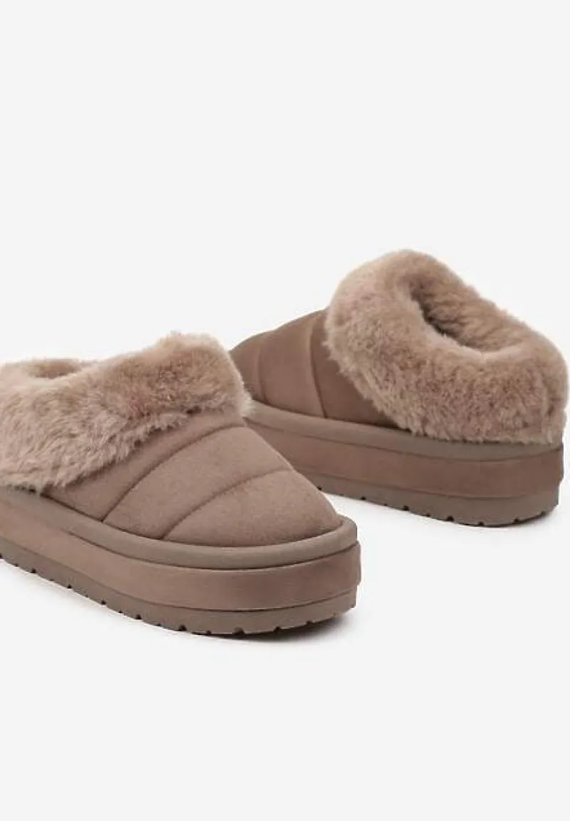 Ciemnobeżowe Niskie Śniegowce Ekozamszowe na Platformie z Pikowaniem i Futerkiem Realira