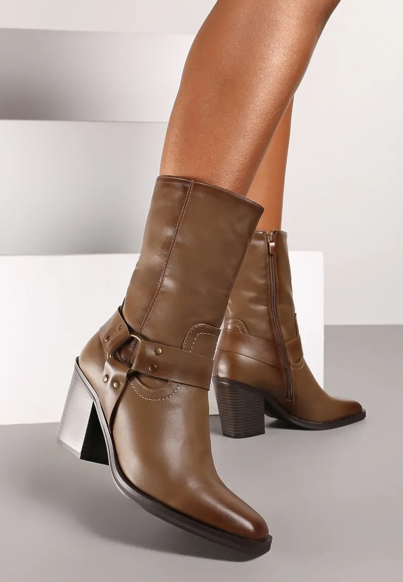 Ciemnobeżowe Ocieplane Botki na Stożkowym Obcasie z Ozdobną Klamrą Verinique