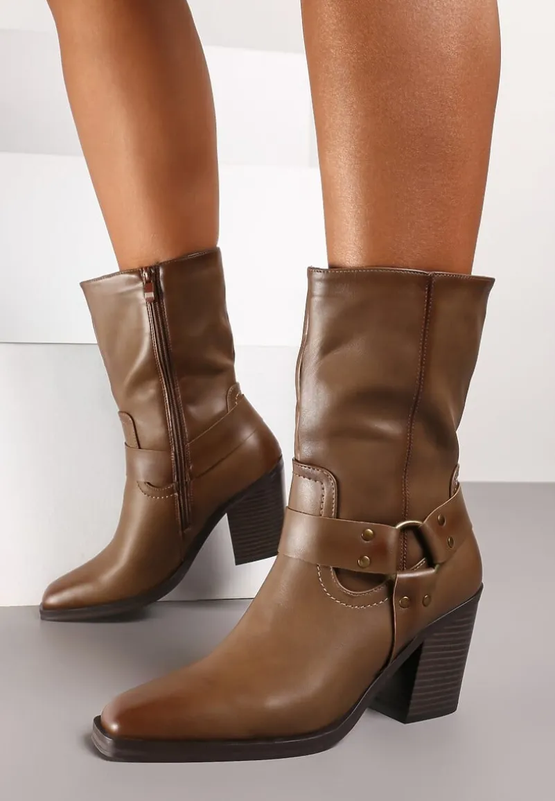 Ciemnobeżowe Ocieplane Botki na Stożkowym Obcasie z Ozdobną Klamrą Verinique