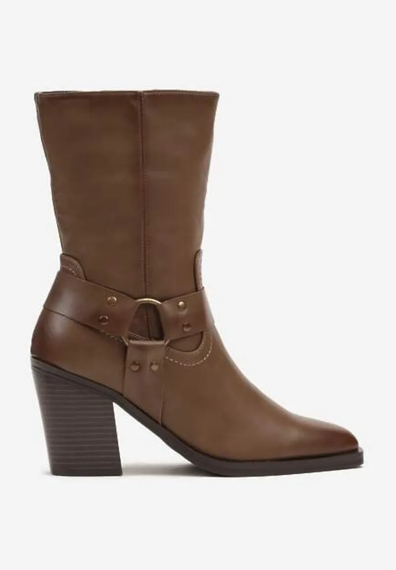 Ciemnobeżowe Ocieplane Botki na Stożkowym Obcasie z Ozdobną Klamrą Verinique