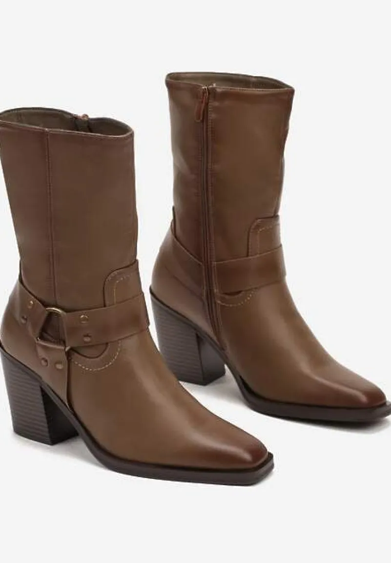 Ciemnobeżowe Ocieplane Botki na Stożkowym Obcasie z Ozdobną Klamrą Verinique