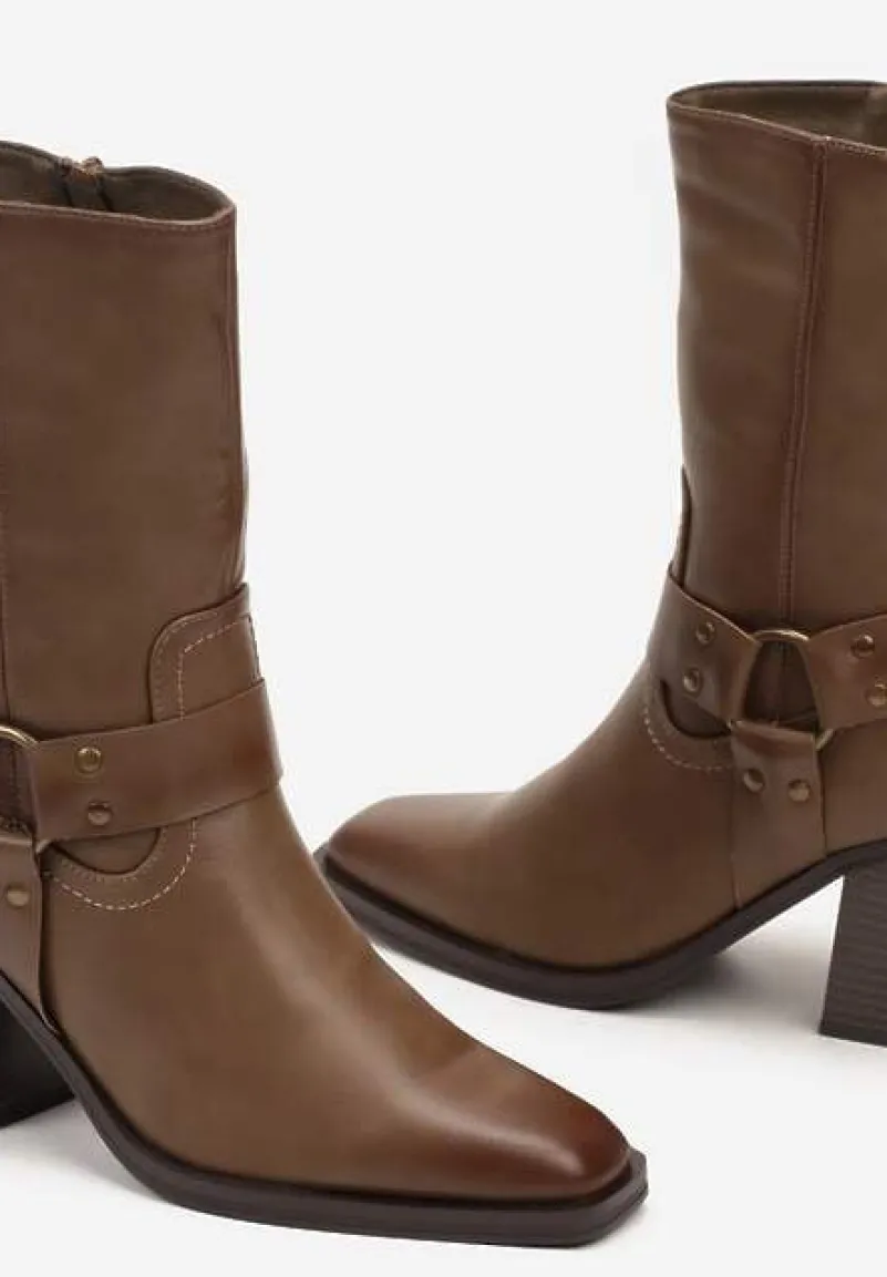 Ciemnobeżowe Ocieplane Botki na Stożkowym Obcasie z Ozdobną Klamrą Verinique