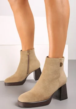 Ciemnobeżowe Ocieplane Botki na Słupku Irissaura