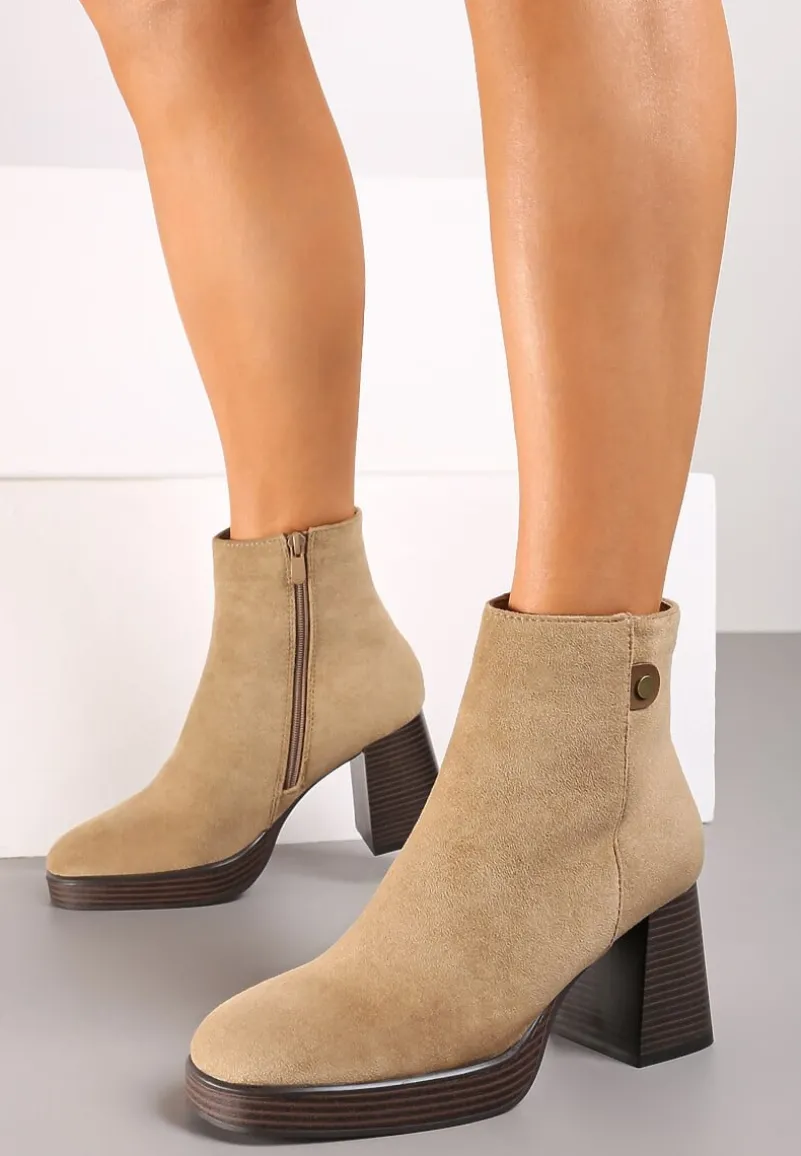 Ciemnobeżowe Ocieplane Botki na Słupku Irissaura