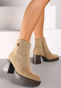 Ciemnobeżowe Ocieplane Botki na Słupku Irissaura