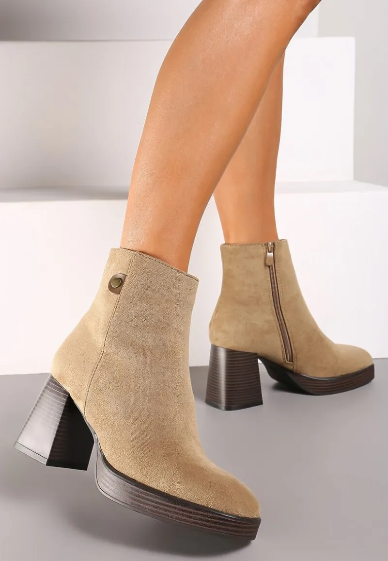 Ciemnobeżowe Ocieplane Botki na Słupku Irissaura