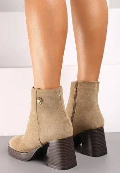 Ciemnobeżowe Ocieplane Botki na Słupku Irissaura