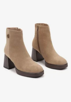 Ciemnobeżowe Ocieplane Botki na Słupku Irissaura