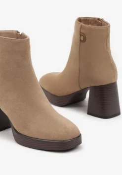 Ciemnobeżowe Ocieplane Botki na Słupku Irissaura