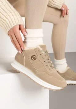 Ciemnobeżowe Ocieplane Sneakersy na Platformie Appopis