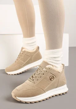 Ciemnobeżowe Ocieplane Sneakersy na Platformie Appopis