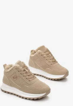 Ciemnobeżowe Ocieplane Sneakersy na Platformie Appopis