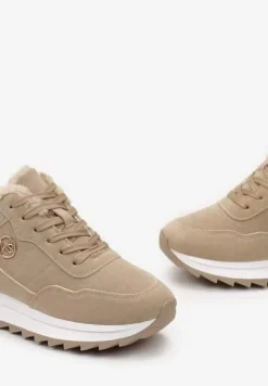 Ciemnobeżowe Ocieplane Sneakersy na Platformie Appopis