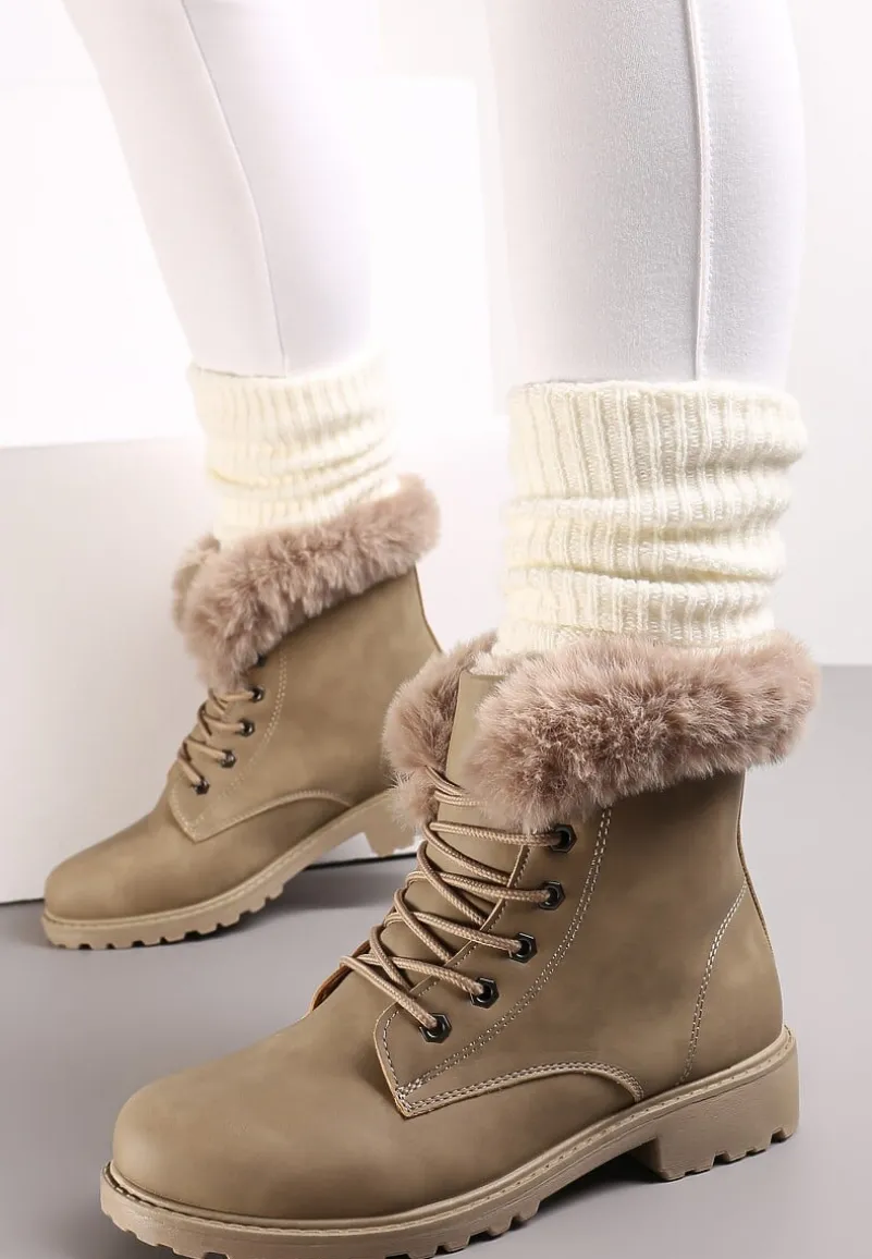 Ciemnobeżowe Ocieplone Botki Trapery z Futerkiem Wokół Cholewki Atuval