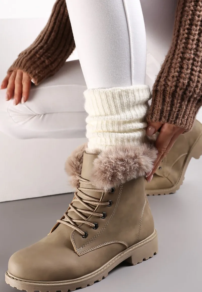 Ciemnobeżowe Ocieplone Botki Trapery z Futerkiem Wokół Cholewki Atuval