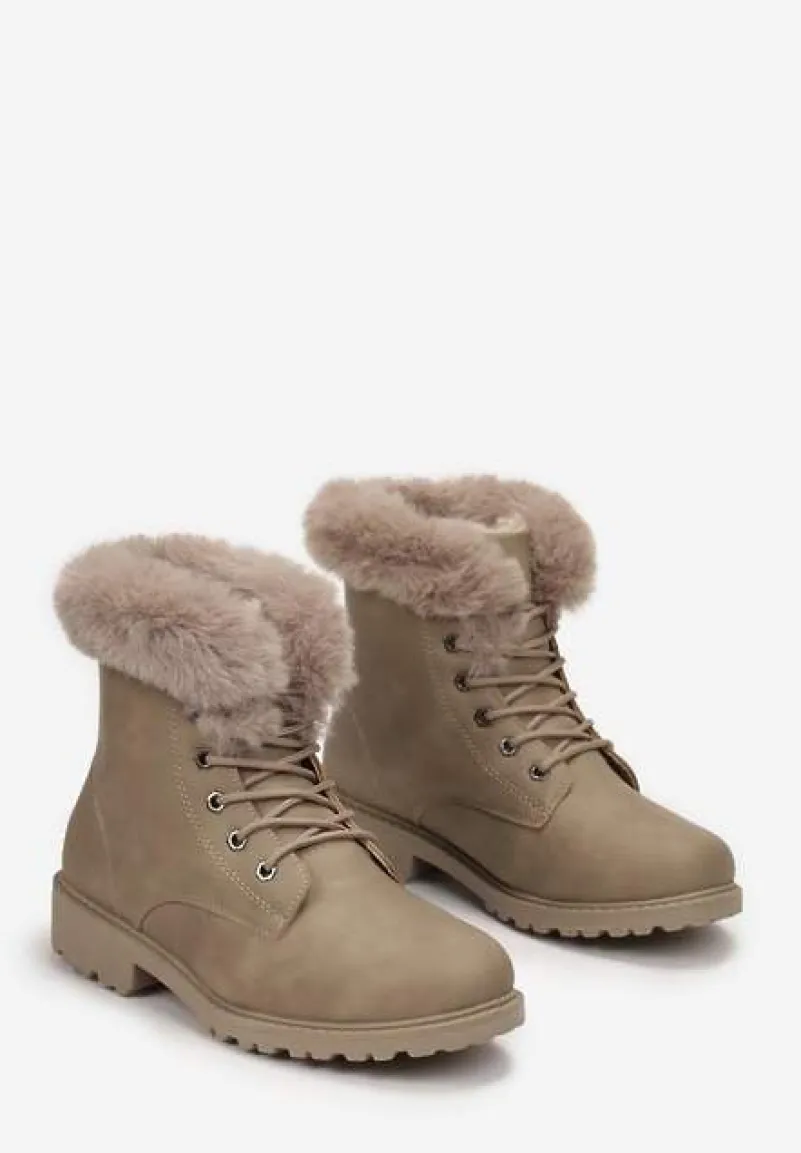 Ciemnobeżowe Ocieplone Botki Trapery z Futerkiem Wokół Cholewki Atuval