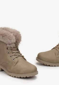 Ciemnobeżowe Ocieplone Botki Trapery z Futerkiem Wokół Cholewki Atuval