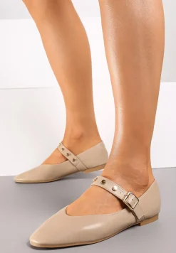 Ciemnobeżowe Płaskie Balerinki w Stylu Mary Jane z Paskiem na Sprzączkę Zailaene