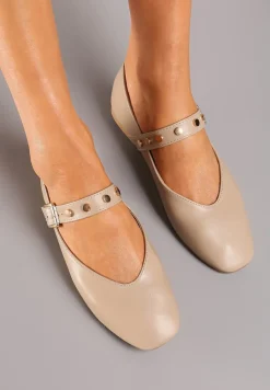 Ciemnobeżowe Płaskie Balerinki w Stylu Mary Jane z Paskiem na Sprzączkę Zailaene