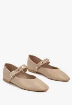 Ciemnobeżowe Płaskie Balerinki w Stylu Mary Jane z Paskiem na Sprzączkę Zailaene
