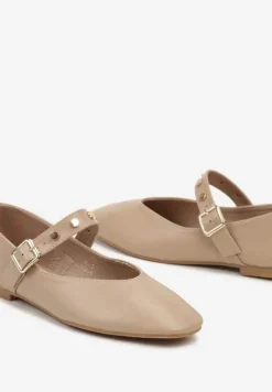 Ciemnobeżowe Płaskie Balerinki w Stylu Mary Jane z Paskiem na Sprzączkę Zailaene