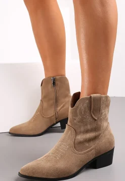 Ciemnobeżowe Płaskie Botki w Stylu Kowbojek Ozdobione Haftem Varnia