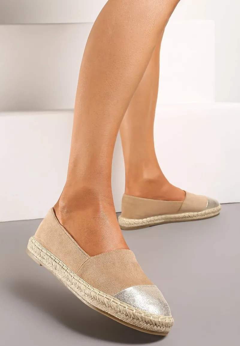 Ciemnobeżowe Płaskie Espadryle z Plecioną Podeszwą Geritellia