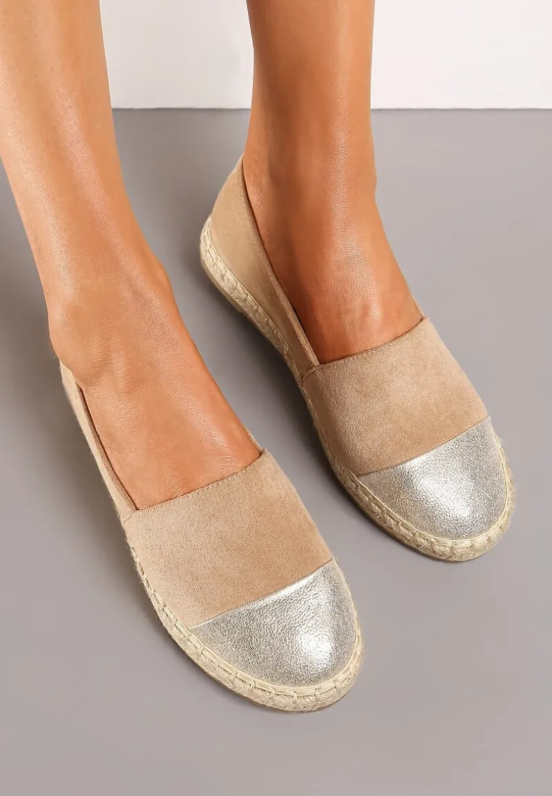 Ciemnobeżowe Płaskie Espadryle z Plecioną Podeszwą Geritellia