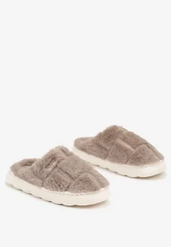 Ciemnobeżowe Płaskie Futrzane Kapcie z Geometrycznym Wzorem Naoritha