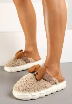 Ciemnobeżowe Płaskie Kapcie Ozdobione Kokardką Linnacira