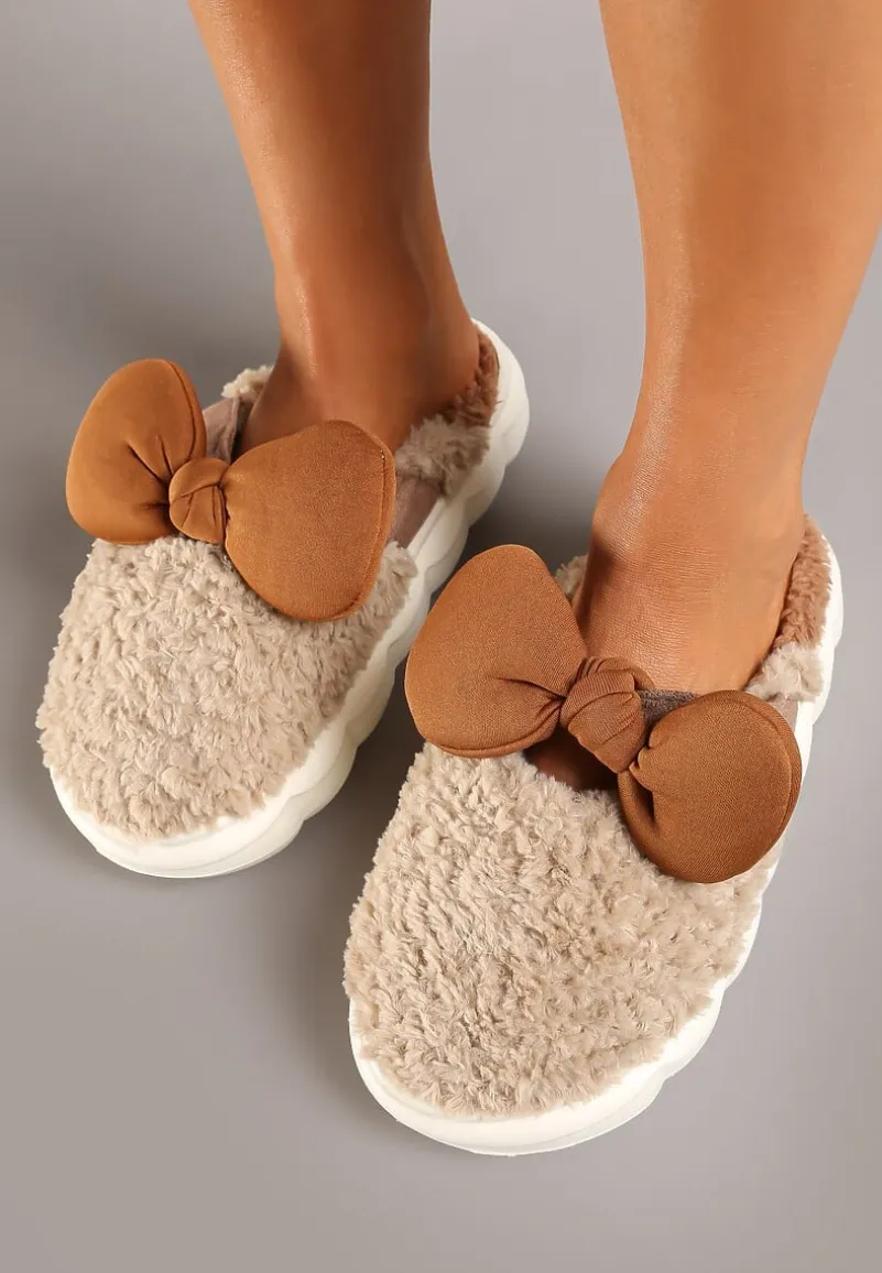 Ciemnobeżowe Płaskie Kapcie Ozdobione Kokardką Linnacira